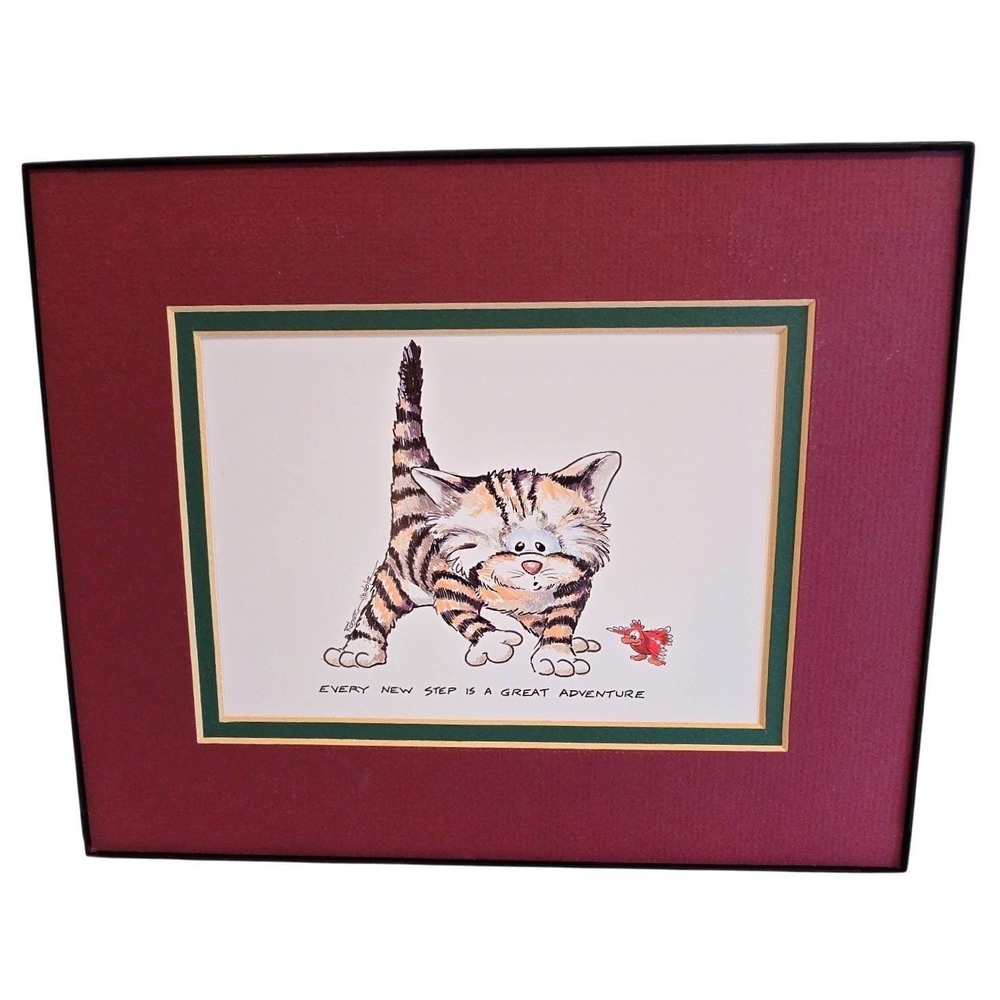 VTG 90s Robert Marble Signed Cat Print Every New Step Is A Great Adventure 10x8"